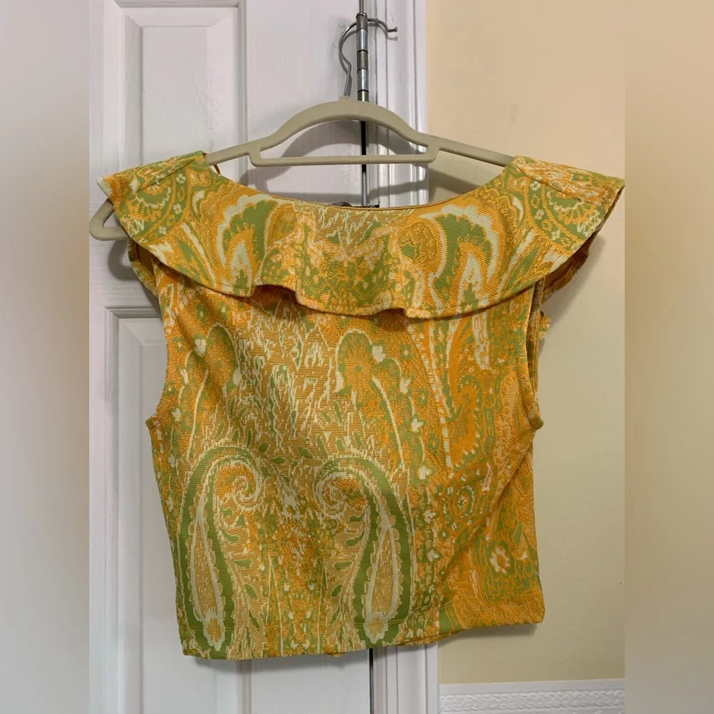 Zara Blouse Size Large Jacquard Paisley Print Ruffle Scoop Neck Top NEW - Picture 11 of 12